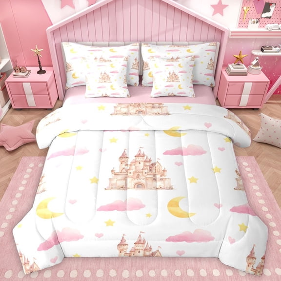 Homewish Pink Castle Twin Bedding Sets 7-Piece for Teens Adults Female,Dreamy Princess Bedding Comforter Set Microfiber,Stars Print Breathable Sheet Sets,Super Cozy Room Decor,Reversible