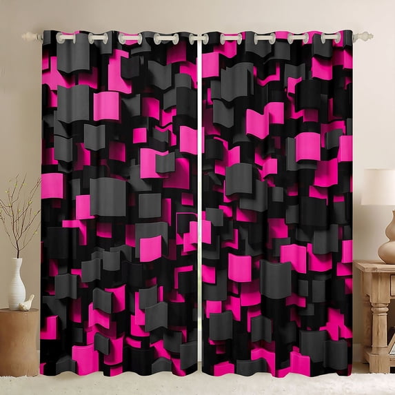 Homewish Pink Checkered Blackout Curtains,Modern Aesthetic Art Curtains Pack of 2 (42x84 Each)