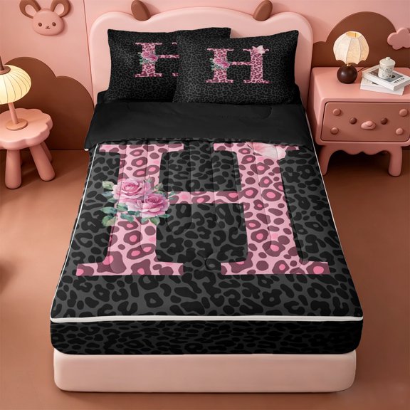 Homewish Pink Cheetah Print Zipper Twin Comforter Sets with Fitted Sheet and 2 Pillowcases,Fashion Leopard Personalized Letter Zipper Bedding Set For Girls,Black Reversible,4-Piece