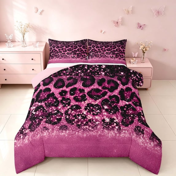 Homewish Pink Cheetah Printed Queen Comforter Set for Girls, Princess Glitters Print Comforter Sets Queen, Pink Reversible, 3pcs 1 Comforter and 2 Pillowcases