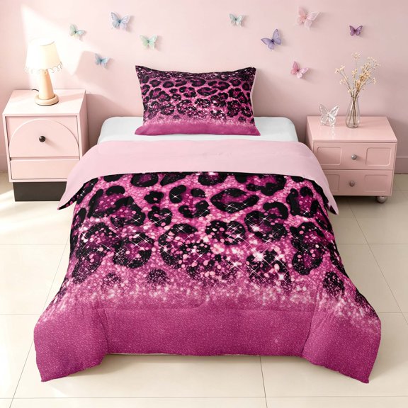 Homewish Pink Cheetah Printed Twin Comforter Sets for Girls, Princess Glitters Print Bedding Set, Pink Reversible, 2 Pieces 1 Comforter and 1 Pillowcase