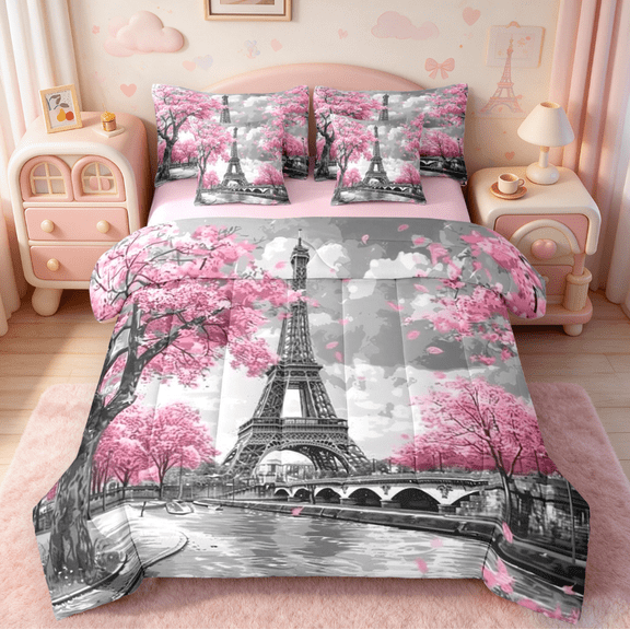 Homewish Pink Cherry Blossom 7-Piece Bedding Comforter Set,Paris Eiffel Tower King Bedding Sets,Chhic Classic Architecture Bed Sheets For Adults,Super Cozy Room Decor Reversible