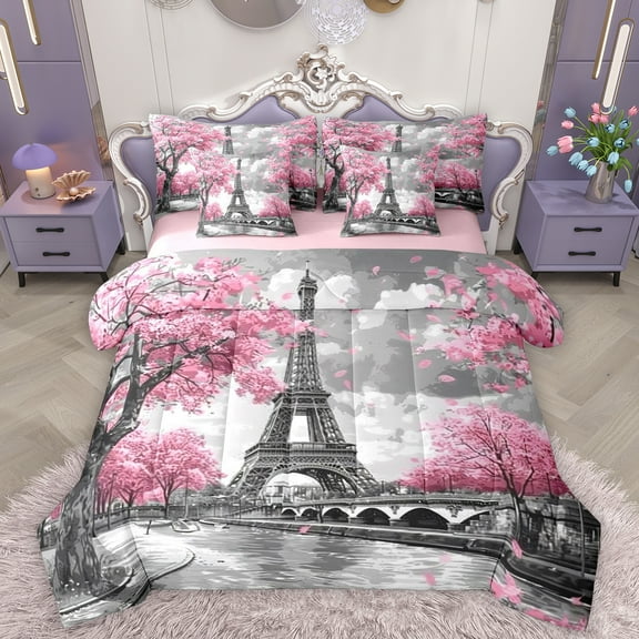 Homewish Pink Cherry Blossom 7-Piece Bedding Comforter Set,Paris Eiffel Tower King Bedding Sets,Chhic Classic Architecture Bed Sheets For Adults,Super Cozy Room Decor Reversible