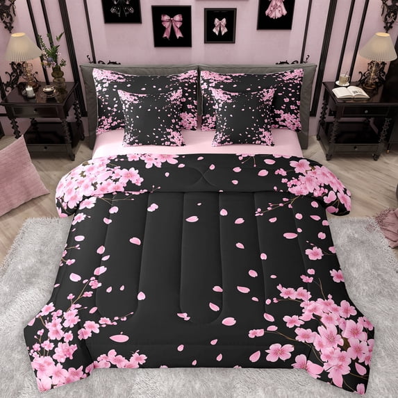Homewish Pink Cherry Blossom 7-Piece Twin Bedding Sets,Japan Style Bedding Comforter Set,Pink Black Sheet Sets For Kids,Luxury Bedroom Decor Reversible