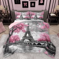 Homewish Pink Cherry Blossom Bedding Comforter Set,Paris Eiffel Tower Twin Comforter Sets,Chhic Classic Architecture Bedding Set For Adults,Super Cozy Room Decor Reversible,2-Piece