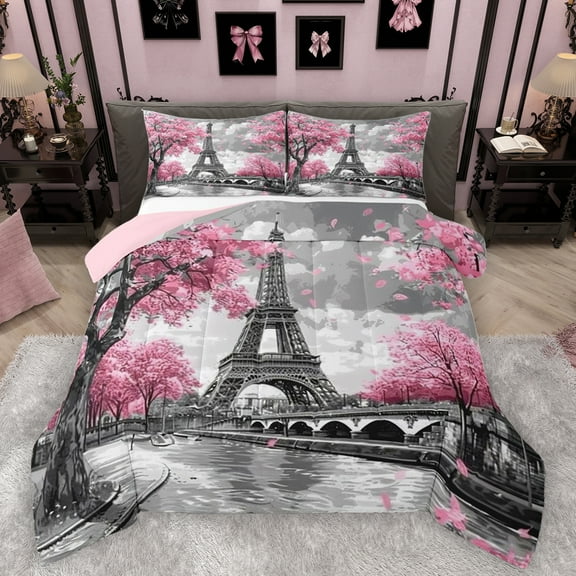 Homewish Pink Cherry Blossom Bedding Comforter Set,Paris Eiffel Tower Twin Comforter Sets,Chhic Classic Architecture Bedding Set For Adults,Super Cozy Room Decor Reversible,2-Piece