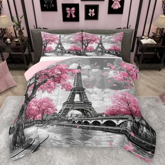 Homewish Pink Cherry Blossom Bedding Comforter Set,Paris Eiffel Tower Twin Comforter Sets,Chhic Classic Architecture Bedding Set For Adults,Super Cozy Room Decor Reversible,2-Piece