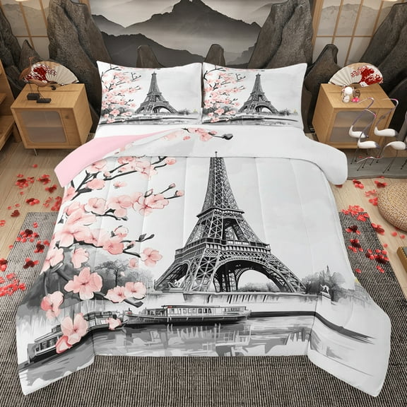 Homewish Pink Cherry Blossom Bedding Comforter Set,Prias Eiffel Tower Twin Comforter Sets,Japanese Sakura Bedding Set For Girls Kids,Ultra Soft Home Decor Reversible,2-Piece