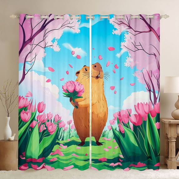 Homewish Pink Cherry Blossom Black Out Curtains,Cute Capybara Curtains Pack of 2 (42x63 Each),Kawaii Tulip Flower Bedroom Curtains For Girls Kids,Microfiber Bedroom Decor
