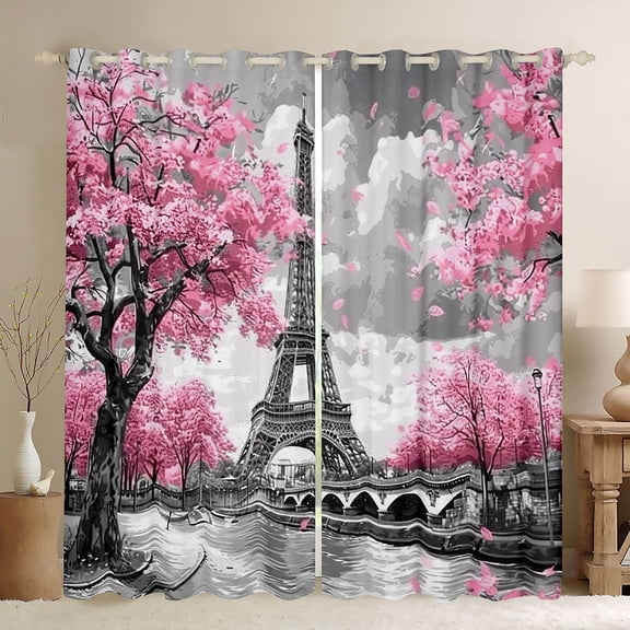 Homewish Pink Cherry Blossom Black Out Curtains,Paris Eiffel Tower Curtains Pack of 2 (42x63 Each),Chhic Classic Architecture Bedroom Curtains For Adults,Super Cozy Room Decor