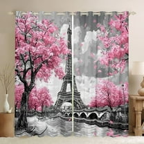 Homewish Pink Cherry Blossom Black Out Curtains,Paris Eiffel Tower Curtains Pack of 2 (42x63 Each),Chhic Classic Architecture Bedroom Curtains For Adults,Super Cozy Room Decor
