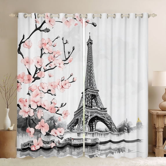 Homewish Pink Cherry Blossom Black Out Curtains,Prias Eiffel Tower Curtains Pack of 2 (42x63 Each),Japanese Sakura Bedroom Curtains For Girls Kids,Ultra Soft Home Decor