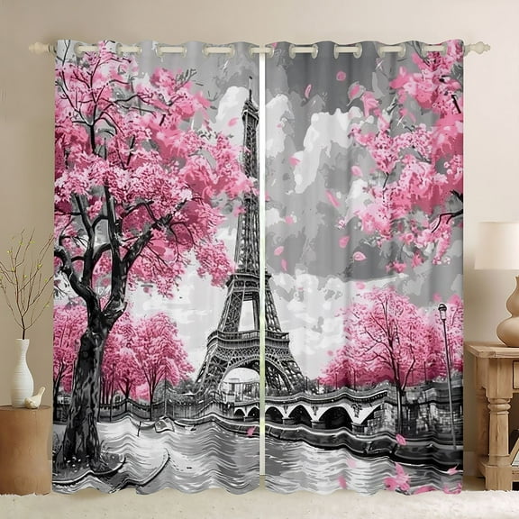 Homewish Pink Cherry Blossom Blackout Curtains Set of 2 (52x84 Each),Paris Eiffel Tower Window Curtains,Chhic Classic Architecture Curtains and Drapes For Adults,Super Cozy Room Decor