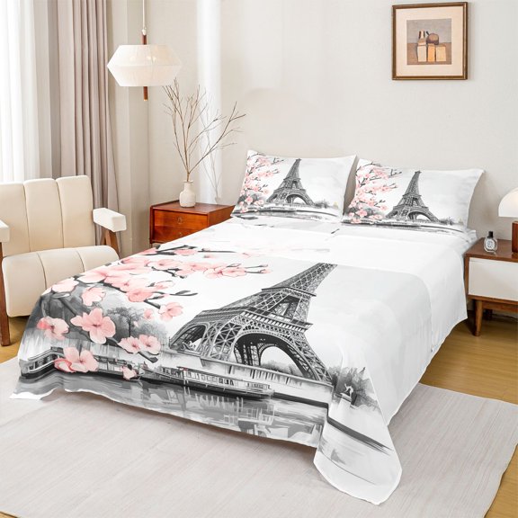 Homewish Pink Cherry Blossom Full Size Sheets,Prias Eiffel Tower Bed Sheets,Japanese Sakura Sheet Sets For Girls Kids,Ultra Soft Home Decor,4 Pieces