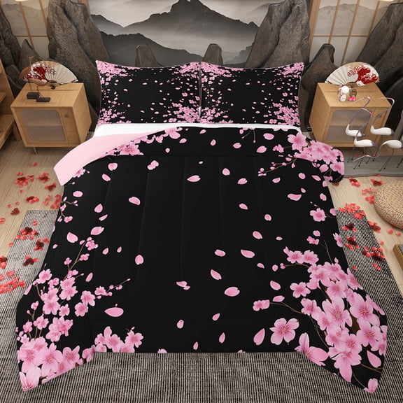 Homewish Pink Cherry Blossom Queen Comforter Set,Japan Style Bedding Sets,Pink Black Bedding Comforter Set For Kids,Luxury Bedroom Decor Reversible,3 Pieces