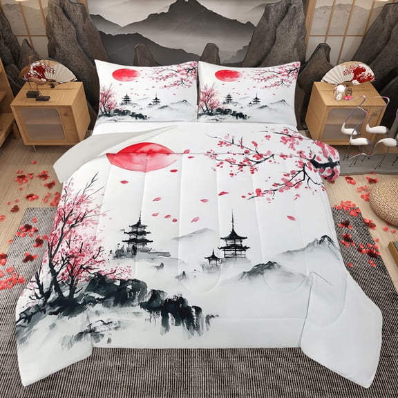 Homewish Pink Cherry Blossom Queen Comforter Set,Japanese Sakura Bedding Sets,Orange Sunset Bedding Comforter Set For Kids,Microfiber Bedroom Decor Reversible,3pcs