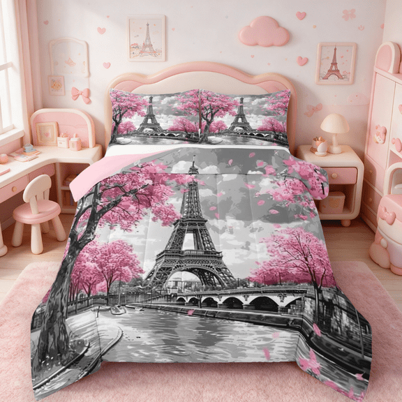 Homewish Pink Cherry Blossom Queen Comforter Set,Paris Eiffel Tower Bedding Sets,Chhic Classic Architecture Bedding Comforter Set For Adults,Super Cozy Room Decor Reversible,3pcs