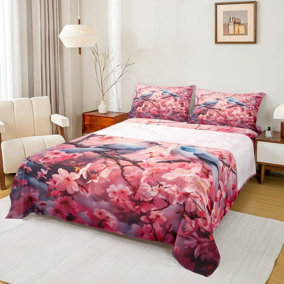 Homewish Pink Cherry Blossom Queen Sheet Sets,Japan Style Flat Sheet,Wild Birds Queen Fitted Sheet For Kids,Luxury Bedroom Decor,4-Piece