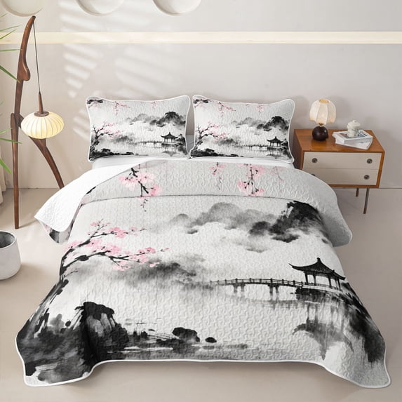 Homewish Pink Cherry Blossom Quilt King,Japanese Ink Painting King Coverlet Set,3-Piece