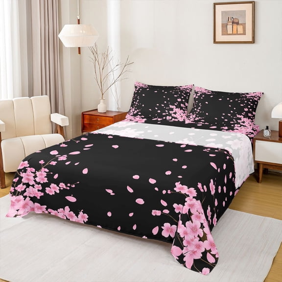 Homewish Pink Cherry Blossom Twin Sheet Sets,Japan Style Twin Fitted Sheet,Pink Black Flat Sheet For Kids,Luxury Bedroom Decor,3pcs