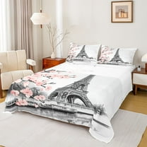 Homewish Pink Cherry Blossom Twin Sheet Sets,Prias Eiffel Tower Twin Fitted Sheet,Japanese Sakura Flat Sheet For Girls Kids,Ultra Soft Home Decor,3-Piece