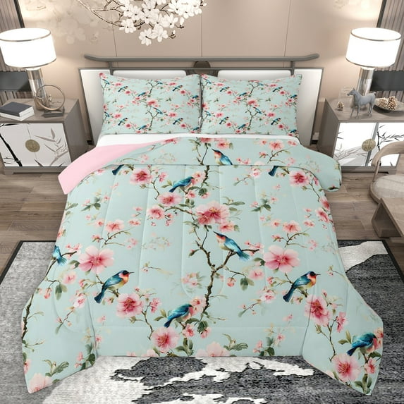 Homewish Pink Cherry Blossoms Bedding Comforter Set, Rustic Birds Animal Twin Comforter Sets, Vintage French Style Reversible Bedding Set, Super Cozy Room Decor, 2-Piece
