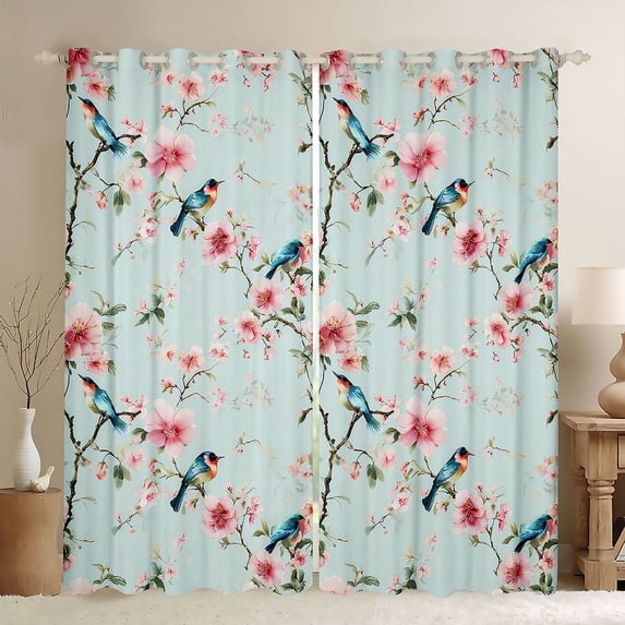 Homewish Pink Cherry Blossoms Black Out Curtains, Rustic Birds Animal Curtains Pack of 2 (42x63 Each), Vintage French Style Bedroom Curtains, Curtains and Drapes Room Decor