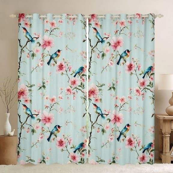 Homewish Pink Cherry Blossoms Black Out Curtains, Rustic Birds Animal Curtains Pack of 2 (42x63 Each), Vintage French Style Bedroom Curtains, Curtains and Drapes Room Decor