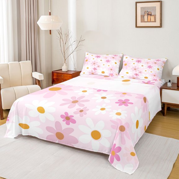 Homewish Pink Cherry Blossoms Queen Sheet Sets, Kawaii Cute Cartoon Flat Sheet, Teens Kids Girl Women Queen Fitted Sheet, Microfiber Bedroom Decor, 4-Piece