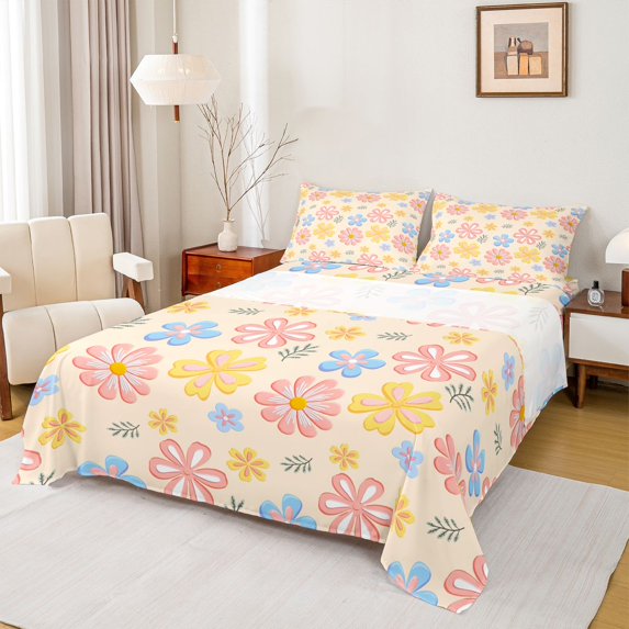 Homewish Pink Cherry Blossoms Twin Sheet Sets, Cartoon Flower Floral Twin Fitted Sheet, Teens Kids Girls Women Flat Sheet, Super Cozy Room Decor, 3 Pieces