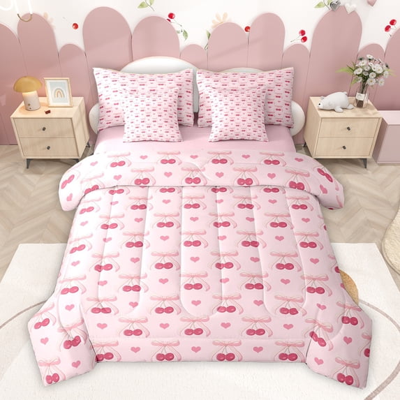 Homewish Pink Cherry Bowknot Bedding Comforter Set 7 Pieces for Teens, Romantic Love Heart Full Bedding Set, Cute Cartoon Ribbon Reversible Fitted Sheet Flat Sheet, Ultra Soft Bedroom Decor