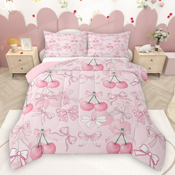 Homewish Pink Cherry Bowknot Girl 2pcs Bedding Comforter Set,Dreamy Princess Twin Comforter Sets,Cartoon Ribbon Bow Breathable Bedding Set,Ultra Soft Home Decor,Reversible