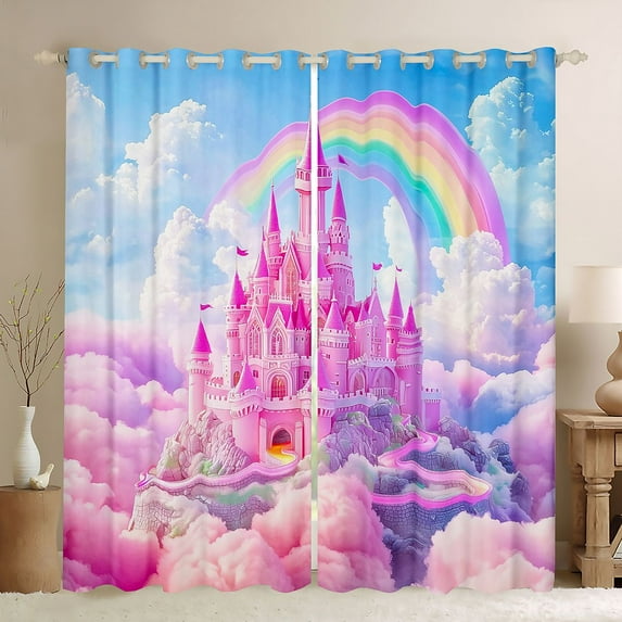 Homewish Pink Chic Castle Black Out Curtains,Colorful Cartoon Rainbow Curtains Pack of 2 (42x63 Each),Fariy Tale Theme Bedroom Curtains For Girl,Luxury Bedroom Decor