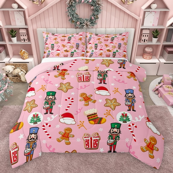 Homewish Pink Christmas Nutcracker Queen Comforter Set, Cute Santa Claus Bedding Sets, Teens Kids Boys Girls Reversible Bedding Comforter Set, Microfiber Bedroom Decor, 3-Piece