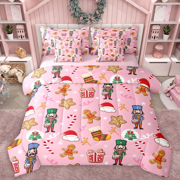 Homewish Pink Christmas Nutcracker Twin Bedding Sets 7-Piece, Cute Santa Claus Bedding Comforter Set, Teens Kids Boys Girls Reversible Sheet Sets, Microfiber Bedroom Decor
