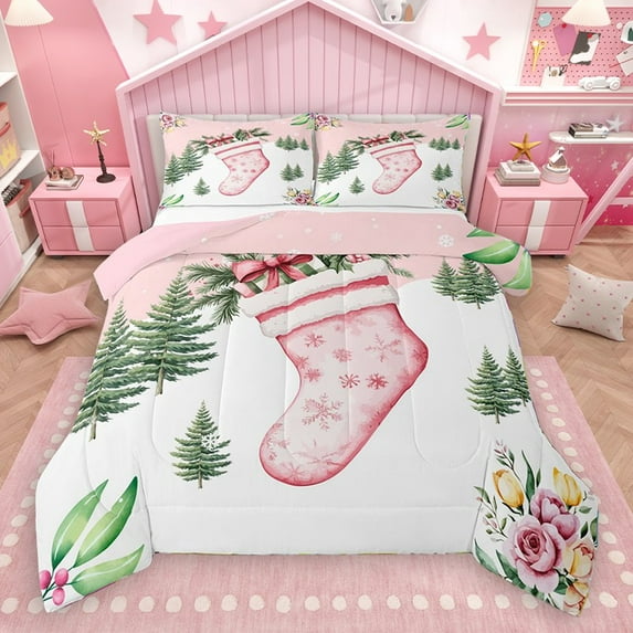 Homewish Pink Christmas Stocking 3-Piece Full Size Comforter Sets for Teens Boys Girls,Happy Xmas Bedding Comforter Set,Bowknot Flowers Lightweight Bedding Sets,Breathable Home Decor,Reversible