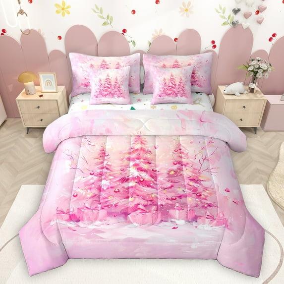 Homewish Pink Christmas Tree 7 Pieces Bedding Comforter Set,Merry Xmas Full Bedding Set,Oil Painting Fitted Sheet Flat Sheet For Girl Kids,Super Cozy Room Decor Reversible