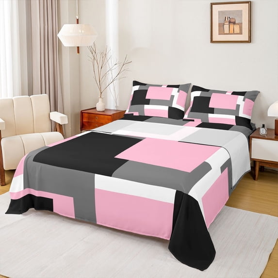 Homewish Pink Contemporary Block Bed Sheets,Aesthetic Geometric Full Size Sheets,4-Piece,1 Flat Sheet, 1 Fitted Sheet and 2 Pillowcases