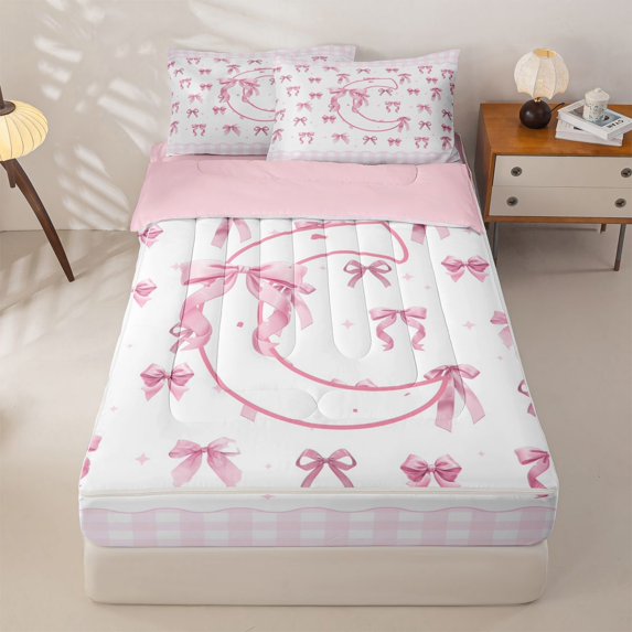 Homewish Pink Coquette Bowknot Girls Zipper Full Size Comforter Sets with Fitted Sheet and 2 Pillowcases,Letter C Monogrammed Zipper Bedding Set For Kids,Pink Reversible,4 Pieces