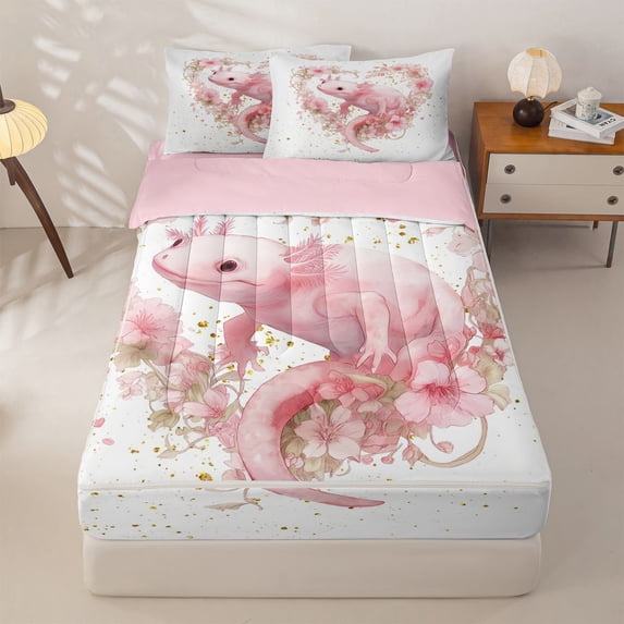 Homewish Pink Cute Axolotl Zipper Full Size Comforter Sets with Fitted Sheet and 2 Pillowcases,Rustic Flowers Blossom Zipper Bedding Set For Girl Kids,Reversible,4 Pieces