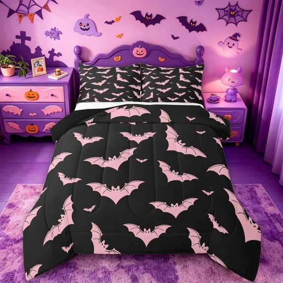 Homewish Pink Cute Bat Twin Comforter Sets,Halloween Theme Bedding Set,Black Reversible,2-Piece,1 Comforter and 1 Pillowcase