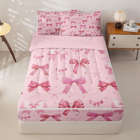 Homewish Pink Cute Coquette Bowknot Zipper Twin Comforter Sets with Fitted Sheet and 2 Pillowcases,Girly Bowtie Princess Zipper Bedding Set For Bows Lover,Pink Reversible,4 Pieces