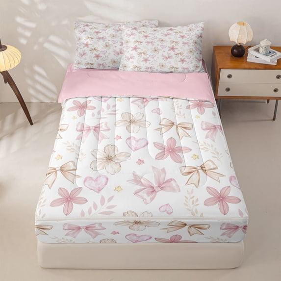 Homewish Pink Cute Floral Zipper Full Size Comforter Sets with Fitted Sheet and 2 Pillowcases,Kawaii Bowknot Print Zipper Bedding Set For Kids,Pink Reversible,4 Pieces