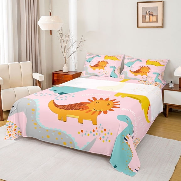 Homewish Pink Dinosaur Animal Bed Sheets, Cute Cartoon Polkadots King Sheets, Teens Kids Boys Girls Sheet Set, Microfiber Bedroom Decor, 4pcs