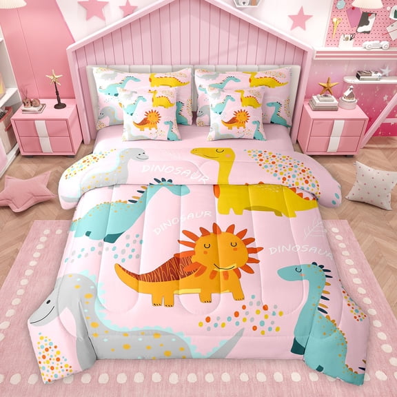 Homewish Pink Dinosaur Animal Twin Bedding Sets 7-Piece, Cute Cartoon Polkadots Bedding Comforter Set, Teens Kids Boys Girls Reversible Sheet Sets, Microfiber Bedroom Decor