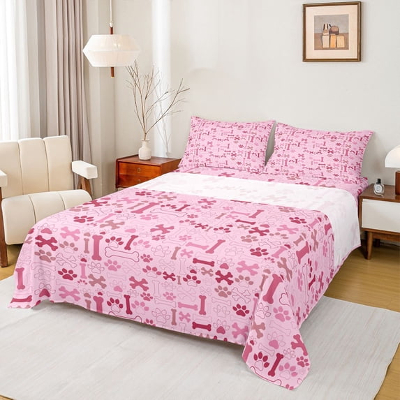 Homewish Pink Dog Paw Bone Bed Sheets,Pet Lover Full Size Sheets,4-Piece,1 Flat Sheet, 1 Fitted Sheet and 2 Pillowcases