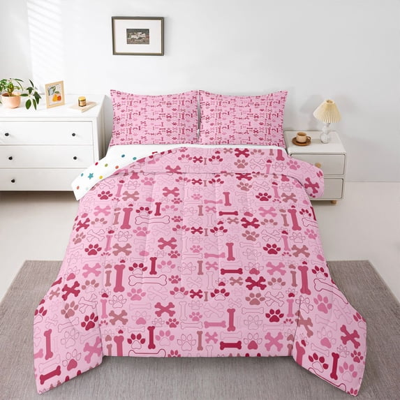Homewish Pink Dog Paw Bone Full Size Comforter Sets,Pet Lover Bedding Comforter Set,Polkadot Reversible,3-Piece,1 Comforter and 2 Pillowcases