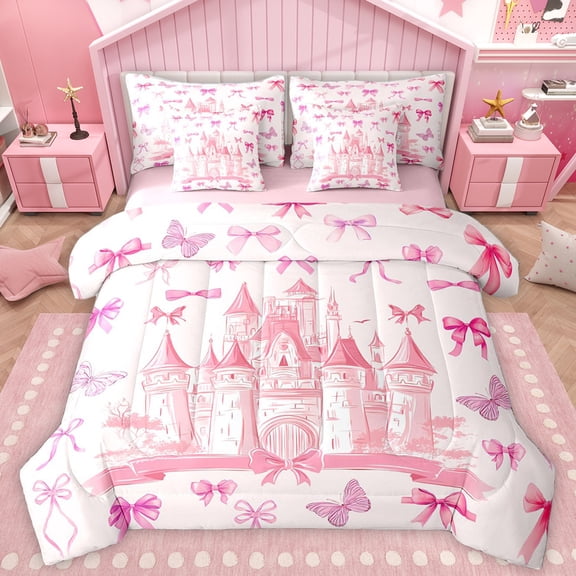 Homewish Pink Dreamy Castle 7 Pieces Bedding Comforter Set,Cute Bowtie Ribbon Full Bedding Set,Fairy Tale Princess Fitted Sheet Flat Sheet For Girl Teens,Luxury Bedroom Decor Reversible