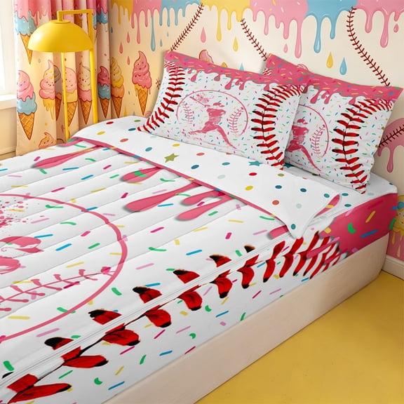 Homewish Pink Dripping Baseball Stitch Batter Silhouette Graphic Zipper Full Size Comforter Sets with Fitted Sheet and 2 Pillowcases,Baseball Graphic Zipper Bedding Set,4pcs