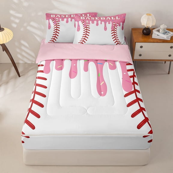 Homewish Pink Drippy Baseball Stitch Print Zipper Twin Comforter Sets with Fitted Sheet and 2 Pillowcases,Sports Monogram Zipper Bedding Set For Kids Boys And Girls,Reversible,4 Pieces